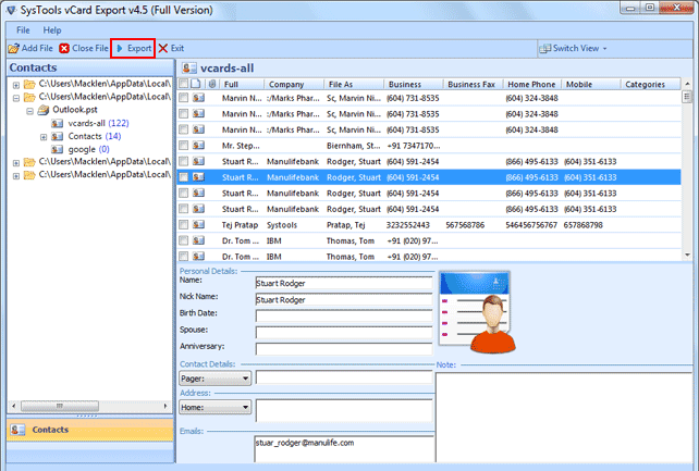 Export Contacts from PST to vCard
