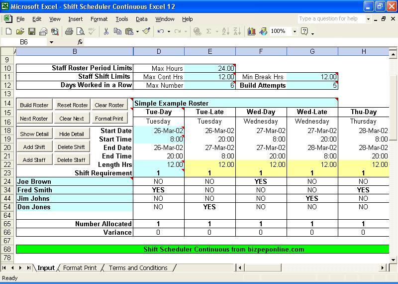 Shift Scheduler Continuous Excel