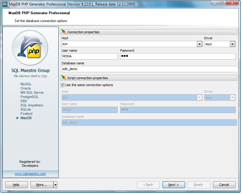 MaxDB PHP Generator
