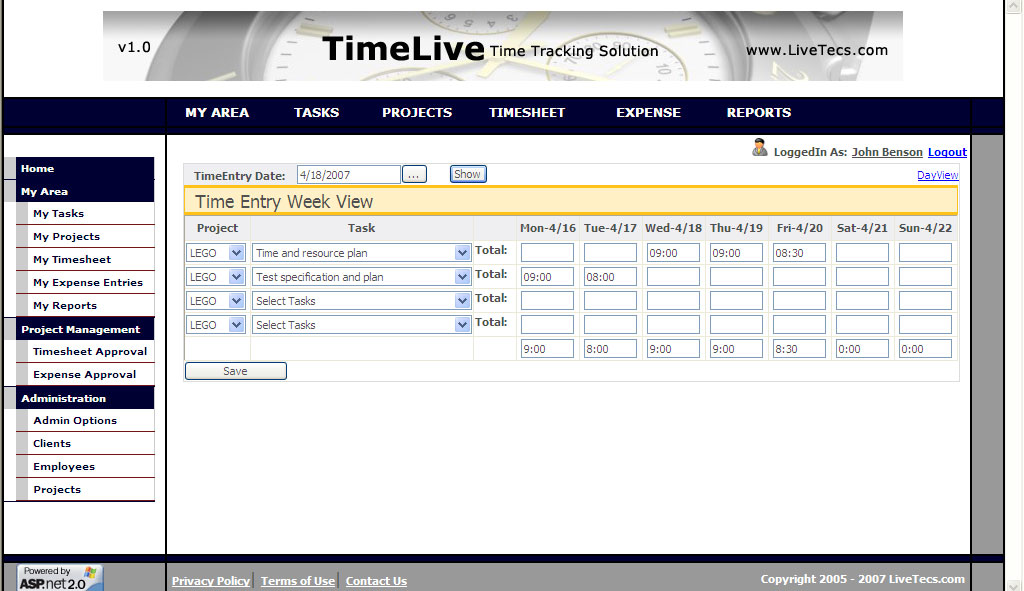 TimeLive open source web timesheet