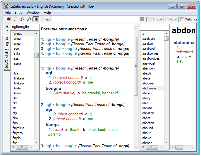 Zulu - English Dictionary TshwaneDJe