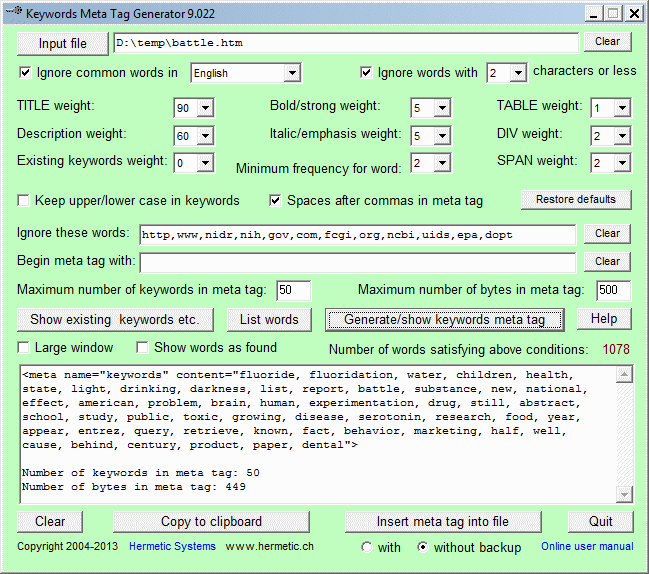 Keywords Meta Tag Generator